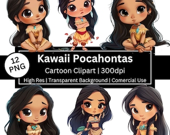 Kawaii Pocahontas Clipart, Cartoon Princess Set, Fairytale Graphics, Birthday Party, Chibi Girl (Commercial Use)