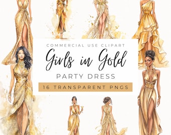 Girls Gold Dress Clipart, Fashion Illustration, Women in Golden Dressses, Watercolor Splash (Commercial Use)