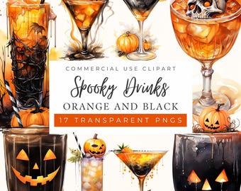 Spöklik Halloween-drink Clipart: Orange, svarta akvarellcocktails, hemsökta drinkar (kommersiellt bruk, POD tillåtet)