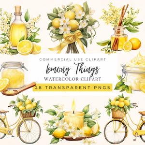 Könnte beinhalten: Aquarell-Clipart mit verschiedenen Illustrationen zum Thema Zitrone. Enthält einen Zitronenstrauß, eine Ölflasche, ein Glas Zitronenschale, eine Kerze und ein Fahrrad mit einem Korb voller Zitronen. Der Text lautet "Lemony Things" und "28 Transparent PNGs."