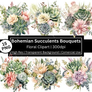 Imágenes prediseñadas de ramos de suculentas, imágenes prediseñadas florales en tonos pastel, gráficos de desierto, suculentas de acuarela, jardinería, cactus, uso comercial, se permite POD.