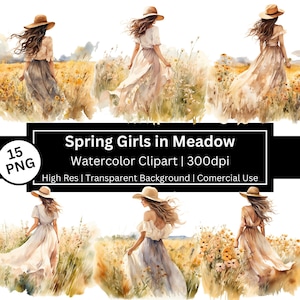 Chica de primavera en el prado, clipart de acuarela, campo de flores, gráficos de primavera, boda, vestido, mujeres, flores, publicidad gratuita, se permite POD
