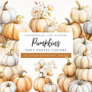 May include: Watercolor illustration of pumpkins in soft pastel colors. The pumpkins are in shades of white, cream, and orange, with green stems. The image includes text that reads "Pumpkins, Soft Pastel Colors, 15 Transparent PNGs."