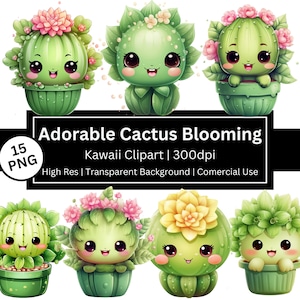 Clipart cactus mignon, cactus kawaii, clipart plantes adorables, autocollants chibi, nature, anniversaire, sublimation, usage commercial gratuit, POD autorisé
