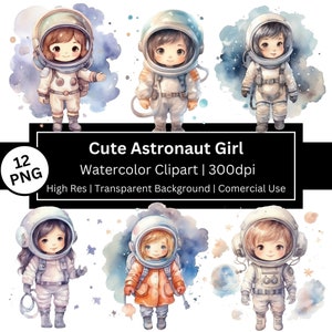 Niedliches Astronauten Mädchen Clipart, Kinder Aquarell Weltraum Clipart, Kinderzimmer, niedliches Weltraum, Mond, Sterne PNG, Weltraum-Geburtstagsfeier, kommerzielle Nutzung