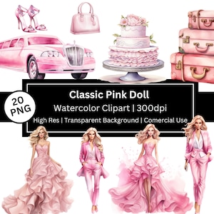Pink Doll Clipart, Watercolor Doll, Pink Princess PNG, Girls Decor Clipart, Pink Fashion Doll graphics, Stylish, Comercial Use, POD Allowed