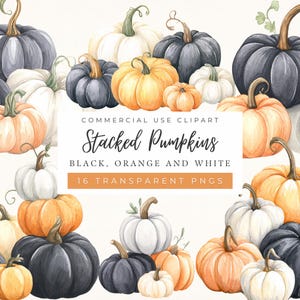 Könnte beinhalten: Aquarell-Illustration von gestapelten Kürbissen in Schwarz, Orange und Weiß. Das Bild enthält den Text "Commercial Use Clipart", "Stacked Pumpkins", "Black, Orange and White" und "16 Transparent PNGs". Die Kürbisse haben grüne Stiele und sind in verschiedenen Größen.