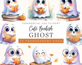 Cute Ghost Clipart, Book Lover PNG, Watercolor Spooky Graphics, Fall Vibes, Autumn (Commercial Use)