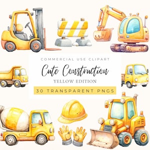 Watercolor Cute Construction Clipart, Digger, Excavator, Dump Truck, Bulldozer, Hard Hat, Cute Vehicles, Boys Nursery, Commercial Use, POD