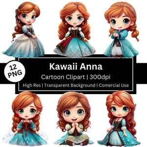 Clipart mignon princesse Anna, lot de 12 graphiques de dessin animé, bébé princesse, Chibi, Kawaii, conte de fées, anniversaire de fille, usage commercial, POD autorisé