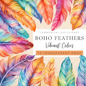 Aquarell Federn Clipart, Boho Feder, bunte Grafiken, Regenbogen, Hochzeit, Party, Boho Federn png, kommerzielle Nutzung, POD erlaubt