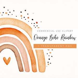 May include: Watercolor illustration of an orange boho rainbow with a heart and scattered dots. The text "Commercial Use Clipart" and "Orange Boho Rainbow" are displayed. The image is a transparent PNG.