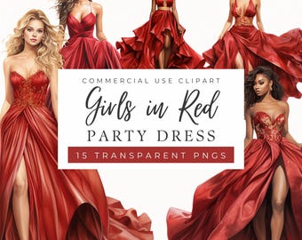 Red Party Dress Clipart, Watercolor Fashion Illustration, Women in Burgundy Dressses, Modern (Commercial Use)