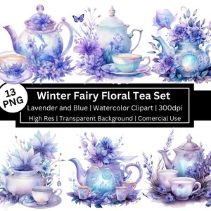Floral Tee Set Clipart, Aquarell Winter Fee, verzaubert, Floral, Fantasie, Fantasie, Lavendel, Schmetterlinge, kommerzielle Nutzung, POD erlaubt