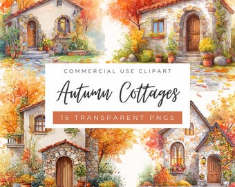 Watercolor Autumn Cottage Clipart: Cozy Fall Scenery, Autumn Colors, Cottagecore (Commercial Use, POD Allowed)