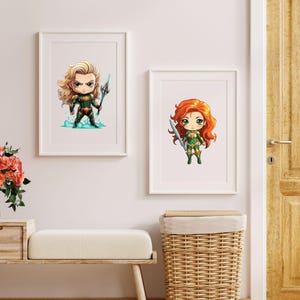 May include: Two framed illustrations of cartoon characters. The first illustration features a blonde character with a green and gold costume holding a trident. The second illustration features a red-haired character with a green and gold costume holding a trident.