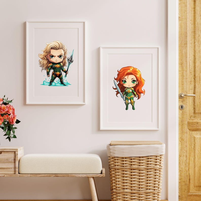 May include: Two framed illustrations of cartoon characters. The first illustration features a blonde character with a green and gold costume holding a trident. The second illustration features a red-haired character with a green and gold costume holding a trident.