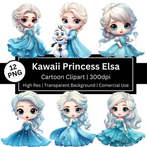 Clipart de la princesa Elsa, conjunto de 12 dibujos animados, chibi, kawaii, cuento de hadas de fantasía, gráficos de dibujos animados, cumpleaños, uso comercial, se permite POD