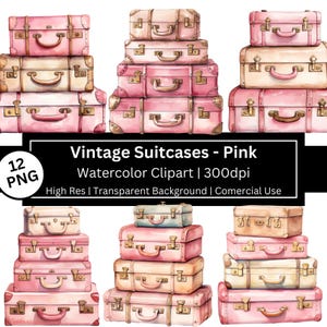 Clipart valise vintage rose, bagage, graphiques de voyage aquarelle, planificateur de voyage, autocollants, scrapbooking, usage commercial, POD autorisé