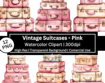 Pink Vintage Suitcase Clipart, Watercolor Luggage PNG, Travel Planner, Waderlust, Stickers (Commercial Use, POD)