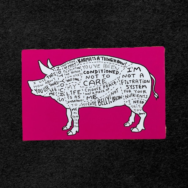 Vegan, Animal Rights Pig Diagram Screen print Vinyl Sticker 4.25"x2.75"