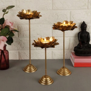 Lotus style Flower Tealight Candle Holder | T-light Holder For Diwali Home Decor decoration Wedding Decoration gift item, Metal Set of 3