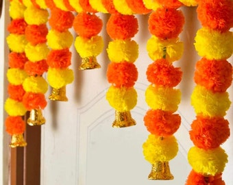 Marigold toran with bells orange and yellow color flower for pooja mandir,main door ,home entrance