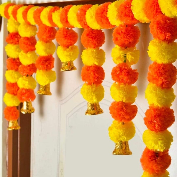 Marigold toran with bells orange and yellow color flower for pooja mandir,main door ,home entrance