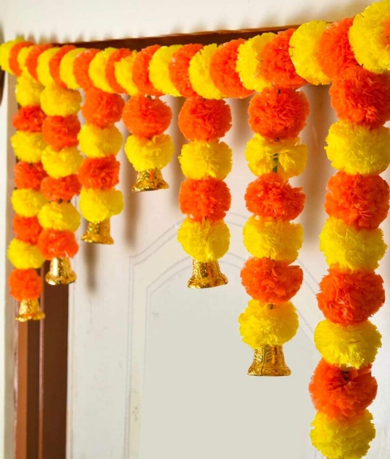 Marigold toran with bells orange and yellow color flower for pooja mandir,main door ,home entrance Toran