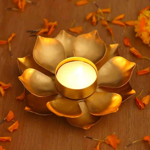 Lotus Diya For Diwali | metal diya tea light holder for diwali | festive metal floral home decorations | flower-shaped tealight diya