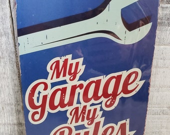 thumbnail interactive-video image 1 of My Garage My Rules Vintage Metal Sign – Retro Style Tin Sign For Shed Man Cave Room UK Made 1 of 2