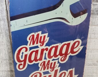 My Garage My Rules Vintage Metal Sign – Retro Style Tin Sign For Shed Man Cave Room UK Made