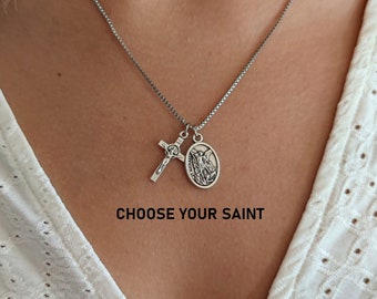 Necklace With Cross And Charms, Stainless Steel Necklace, Catholic Saints Necklace, Religious Jewelry For Men Women Kids Adults Grandma