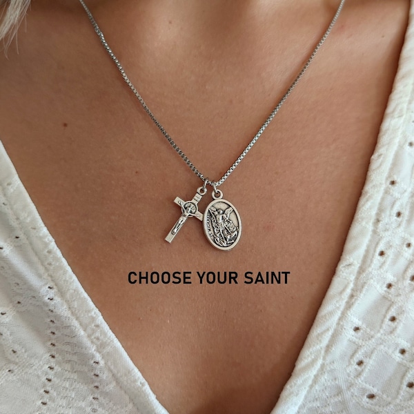 Necklace With Cross And Charms, Stainless Steel Necklace, Catholic Saints Necklace, Religious Jewelry For Men Women Kids Adults Grandma