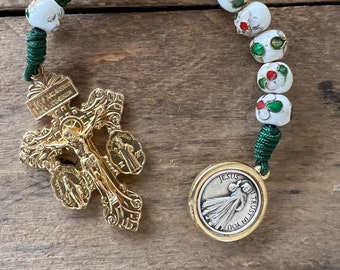 One Decade Small Pocket Rosary With Golden Cross Pardon Crucifix Pendant Miraculous Divine Mercy Holy Family St Michael Saint Christopher