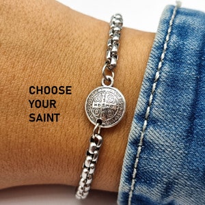 Saint Benedict Chain Bracelet, Religious Bracelet For Men Women, First Communion Bracelets, Stainless Steel Bracelet