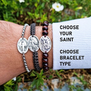 Custom Catholic Bracelet, Choose Your Saint Charm, Saint Michael Pendant, Chain Bracelet, Wooden Beads, Handmade Jewelry