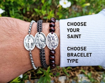 Pulsera católica personalizada, elija su santo encanto, colgante de San Miguel, pulsera de cadena, cuentas de madera, joyería hecha a mano