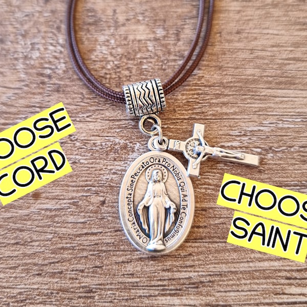 Catholic Saint Necklace With Cross, Miraculous Medal Necklace, Saint Benedict Cross Necklace, San Benito Cross, Choose Your Saint Necklace