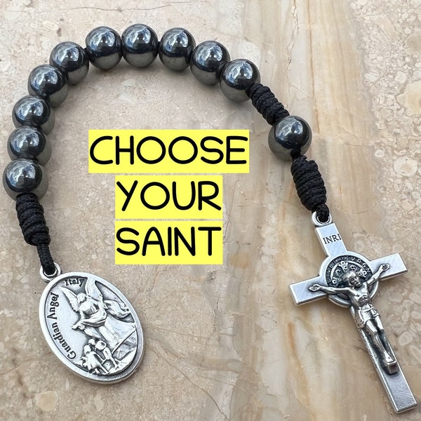 One Decade Pocket Chaplet, Handmade Rosary, Black Rosary, Guardian Angel Medal Rosary, St Benedict Cross, CHOOSE YOUR SAINT Jewelry Gifts