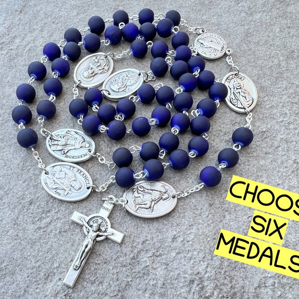 Catholic Rosary With Six Saint Medals, Religious Gift Jewelry, St Francis Rocco Jude Peregrine Our Lady Of Perpetual Help Immaculate Heart