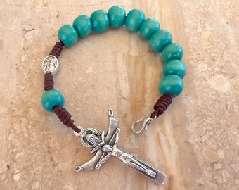 Holy Trinity Cross Chaplet, St Michael Pendant, Colorful Beads, Blue Green Rosary For Men Women Kids, Wooden Prayer Beads, Catholic Gifts