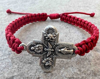 Regalo religioso para hombres, mujeres, adolescentes, adultos, pulsera de cordón cruzado de cuatro vías, colgante de cruz ajustable, regalo de comunión para niños y niñas