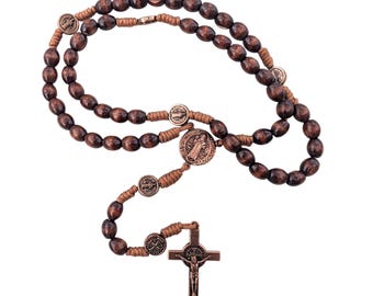Handmade St. Benedict Rosary: Dark Wood Beads, Bronze Medals