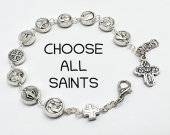 All Saints Bracelet, Catholic Saint Medals, Chain Bracelet Unisex, Scapular St Clare Francis Pope John Anthony Lady Of Guadalupe Cross Charm
