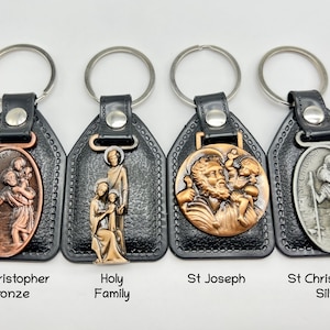 Catholic Leather Keychain With Pendant, St Christopher Joseph Holy Family, Car Accessories, Gift For New Driver, Police Officer Policemen