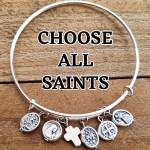 Bangle Bracelet With Catholic Charms, Personalized Gifts For Her, Catholic Charm Bracelet, Customizable Bracelet, Saint Gerard Benedict Rita