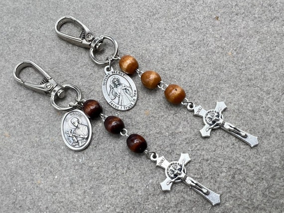 Three Beads Small Rosary Chaplet, Backpack Accessories, Catholic Saint Medals St Benedict Cross Choose Your Saint, Custom Religious Jewelry