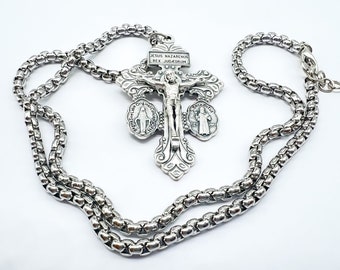 Pardon Crucifix Christian Necklace, Catholic Cross Pendant, St Benedict Miraculous, Stainless Steel Chain, Religious Gift For Men Women