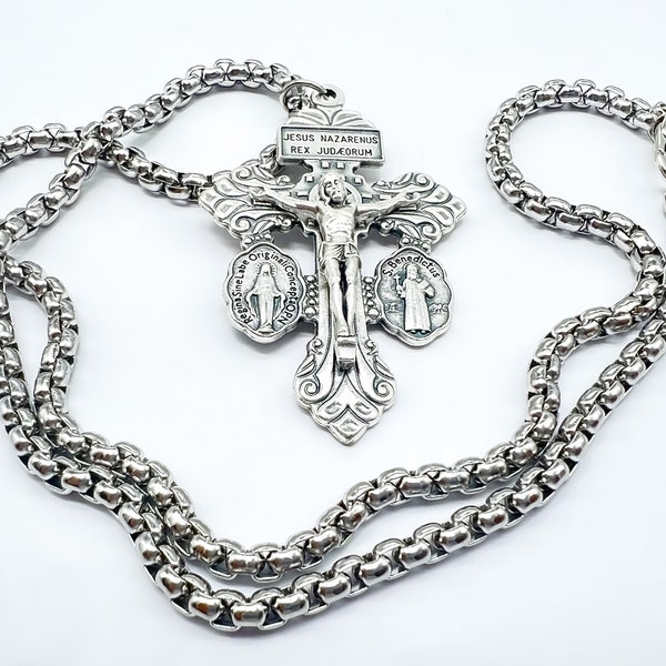 Pardon Crucifix Christian Necklace, Catholic Cross Pendant, St Benedict Miraculous, Stainless Steel Chain, Religious Gift For Men Women